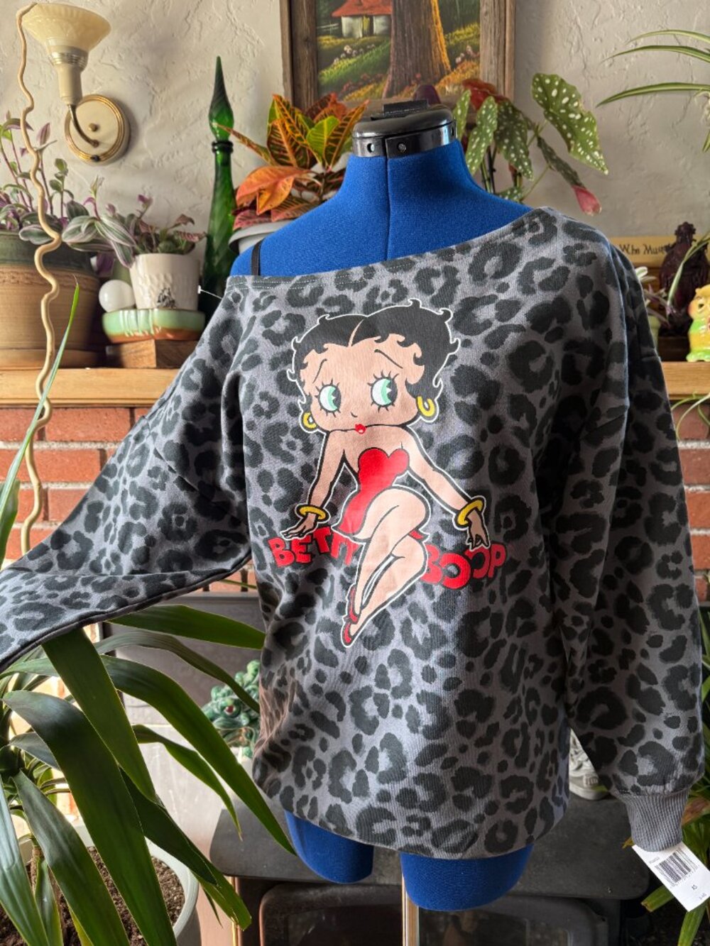NWT Betty Boop Charcoal Grey Leopard Print Off-Shoulder Sweatshirt XS